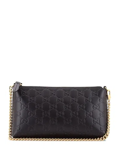 Pre-owned Gucci Chain Wristlet Wallet Ssima Leather Clutch Bag In Black