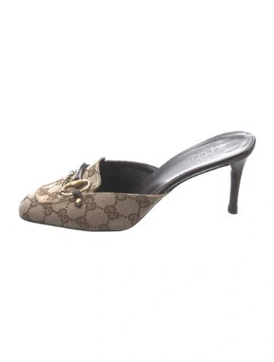 Pre-owned Gucci Chain-link Accent Canvas Mules In Brown