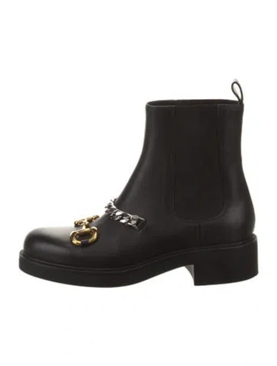 Pre-owned Gucci Chain-link Accent Leather Chelsea Boots In Black