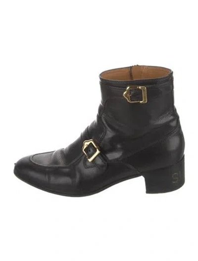 Pre-owned Gucci Chain-link Accent Leather Moto Boots In Black