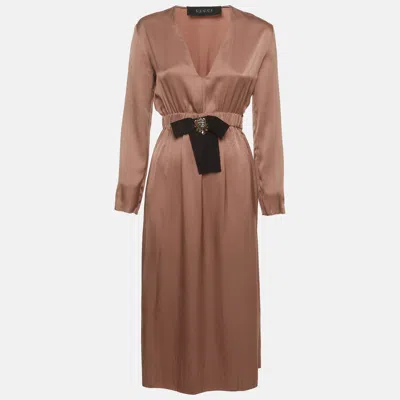 Pre-owned Gucci Champagne Bow Detail Satin V-neck Midi Dress S In Pink