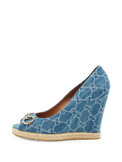 Pre-owned Gucci Charlotte Peep-toe Pumps In Blue