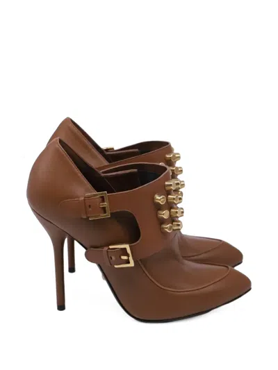 Pre-owned Gucci Charlotte Studded Ankle Boots In Brown
