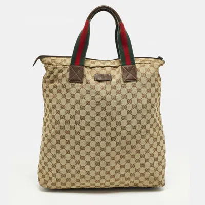 Pre-owned Gucci Charm Large Beige/brown Gg Canvas And Leather Tote In Sand
