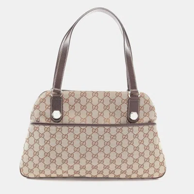 Pre-owned Gucci Charmy Medium Beige Gg Canvas Dark Brown Leather Shoulder Bag In Sand