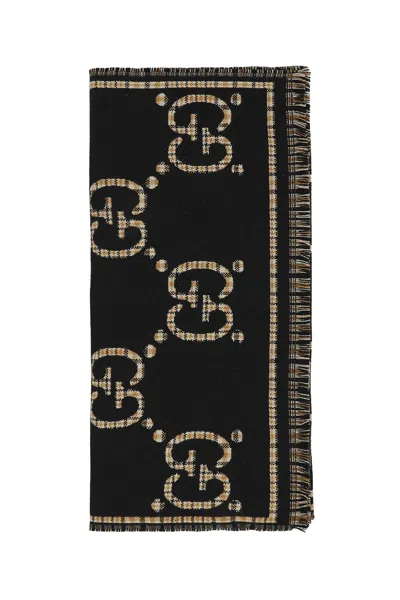 Gucci Check Gg Wool Scarf In Black