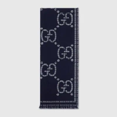 Gucci Check Gg Wool Scarf In Blue
