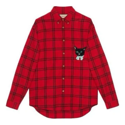 Gucci Check Wool Shirt With  Cat Patch 'red'