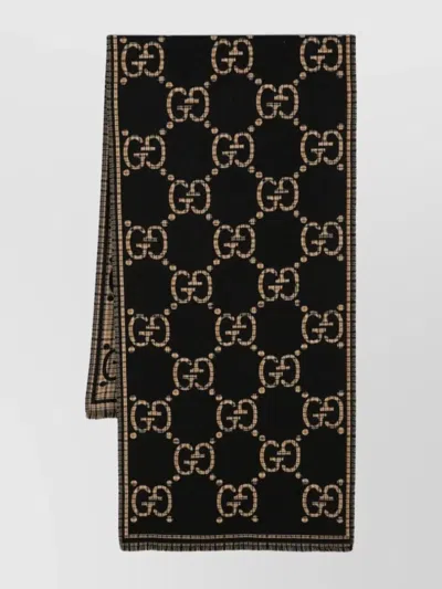 Gucci Checked Pattern Wool Scarf In Black