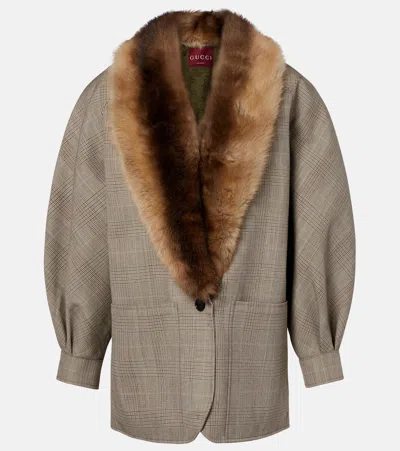 Gucci Checked Shearling-trimmed Wool Jacket In Multi
