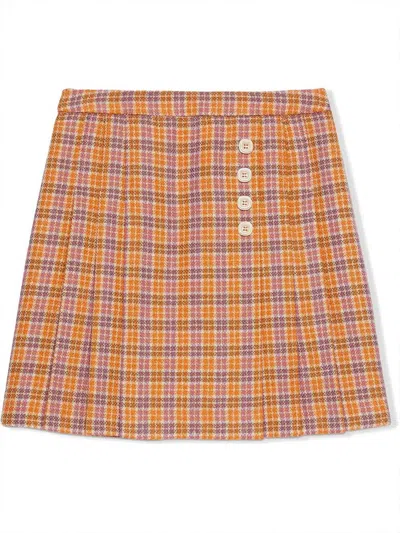 Gucci Kids' Checked Wool Skirt With Label In Orange
