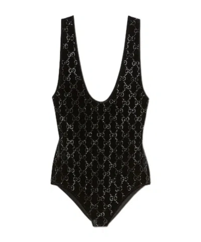 Gucci Chenille Bodysuit With Gg Crystals In Black