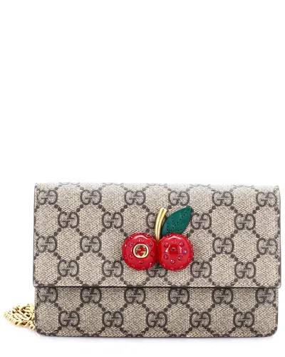 Gucci Cherries Wallet On Chain Gg Coated Canvas Mini (authentic Pre-loved) In Gray