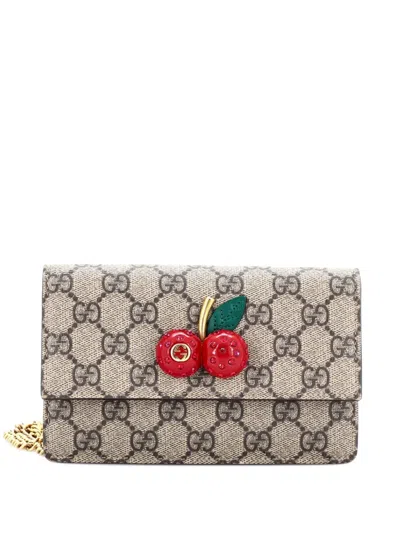 Pre-owned Gucci Cherries Wallet On Chain Gg Coated Canvas Mini Crossbody Bag In Brown