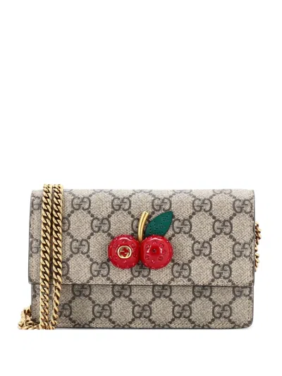 Pre-owned Gucci Cherries Wallet On Chain Gg Coated Canvas Mini Crossbody Bag In Brown
