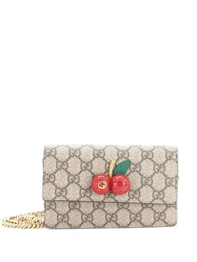 Pre-owned Gucci Cherries Wallet On Chain Gg Coated Canvas Mini Crossbody Bag In Brown