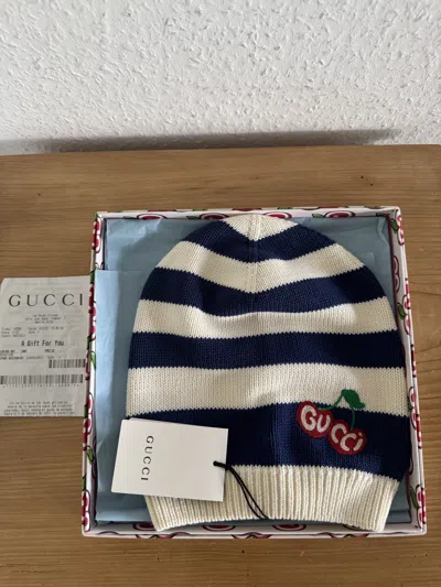 Pre-owned Gucci Cherry Embroidered Stripe Beanie In Blue