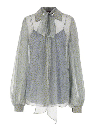 Gucci Women Grey Shirt With All-over Floral Print In Silk Chiffon Woman In Blue