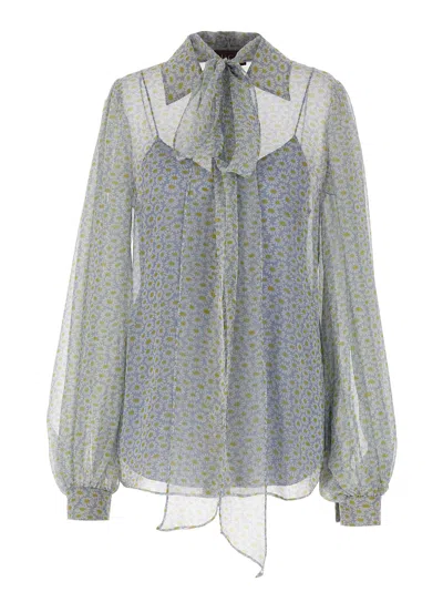 Gucci Women Grey Shirt With All-over Floral Print In Silk Chiffon Woman In Blue