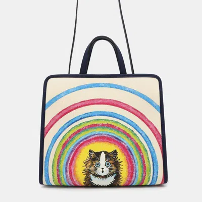 Pre-owned Gucci Ivory/navy Pvc Coated Canvas Leather Children's Cat Tote Bag In Beige
