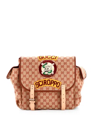 Pre-owned Gucci Children's Flap Embroidered Gg Canvas Backpack In Brown