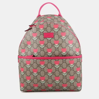 Pre-owned Gucci Children's Flower Print Gg Supreme Canvas Leather Backpack In Sand