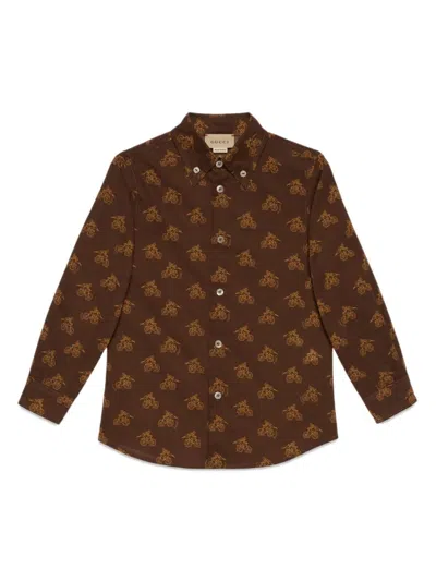 Gucci Kids' Chocolate Brown Cotton Shirt In Marrone Scuro