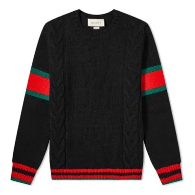 Gucci Chucky Grg Long-sleeved Sweater With Striped Round Neck At Hem Cuffs For Men Black