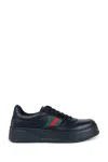 Gucci Men Black Sneakers With Web Detail And Oversized Sole In Leather Man In Black