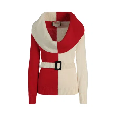 Pre-owned Gucci Chunky Wool Belted Sweater 'white/red' | Women's Size Xl