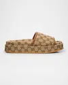 Gucci Women Beige Sandals With Leather Finishes And All-over Gg Motif In Fabric Woman In Brown