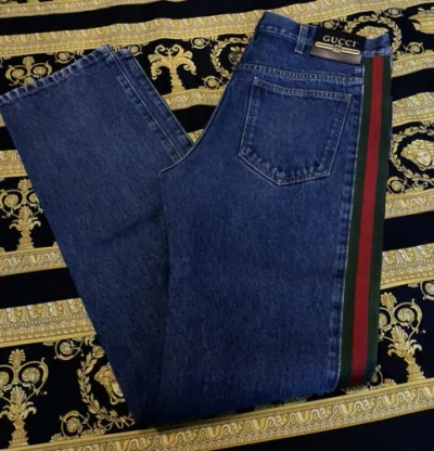 Pre-owned Gucci Classic Web Stripe Washed Denim Petroleum Straight Blue Jeans 32 Italy