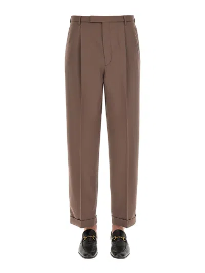 Gucci Classic Wool Pants With Iconic Label In Brown