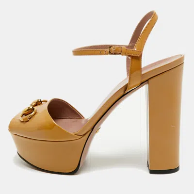 Pre-owned Gucci Claudie Size 37 Beige Patent Leather Platform Sandals
