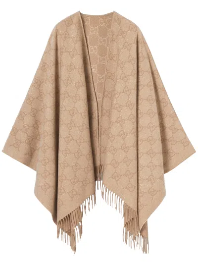Gucci Gg-patterned Fringed Cape In Neutral