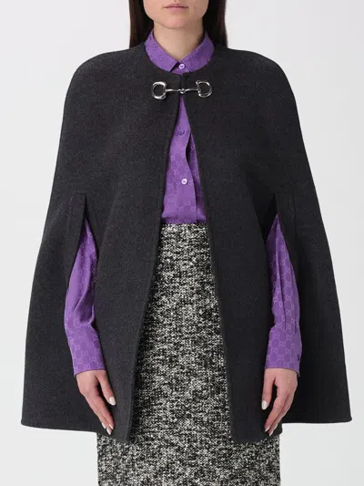 Gucci Women Black Cape With Clamp Closure On The Front And Internal Gg Motif In Wool And Silk Woman In Gray