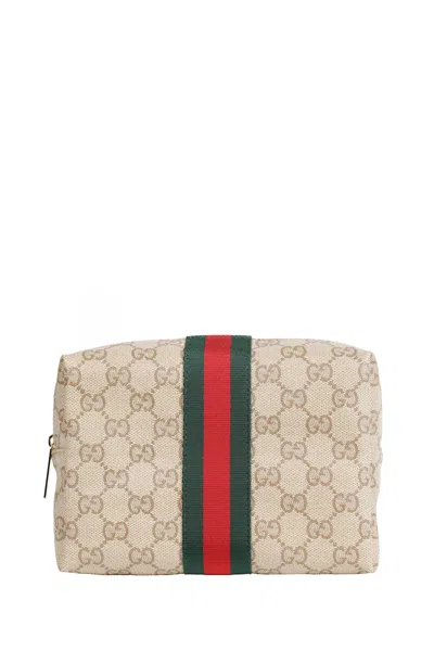 Gucci Coated Gg Canvas And Web Cosmetics Case In Gray