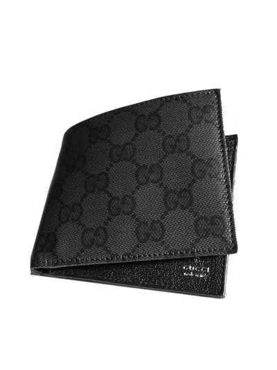 Gucci Coated Gg Canvas Wallet With Leather Interior, Silver-foil Logo, 8 Card Slots, Bill Compartmen In Black