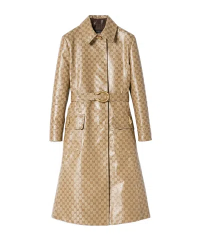 Gucci Coated Gg Cotton Canvas Fabric Coat In Brown