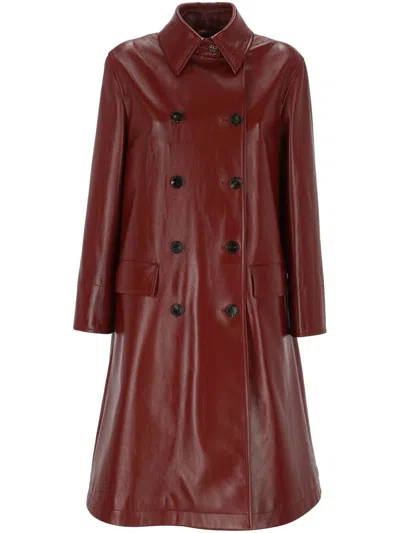 Gucci Double Breasted Coat In Shiny Leather In Red