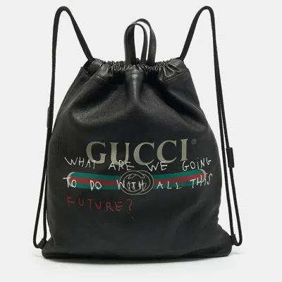 Pre-owned Gucci Coco Capitán Logo Black Leather Drawstring Backpack