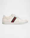 Gucci Leather Stretch Lace Up Sneakers Signature Stripe In Neutral