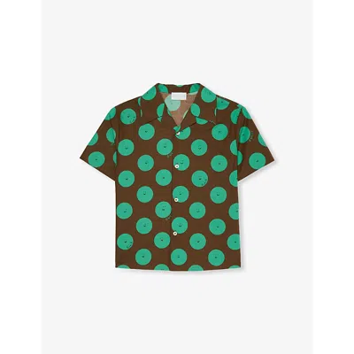 GUCCI COFFEE/GREEN POLKA-DOT CAMP-COLLAR COTTON SHIRT 4-12