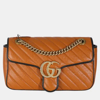 Pre-owned Gucci Cognac Calfskin Matelasse Diagonal Small Torchon Gg Marmont Shoulder Bag In Brown