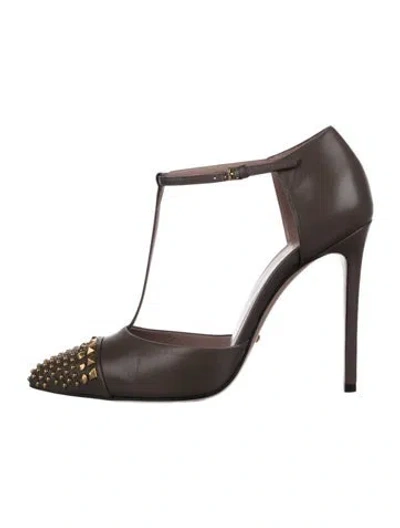 Pre-owned Gucci Coline Leather T-strap Pumps In Brown