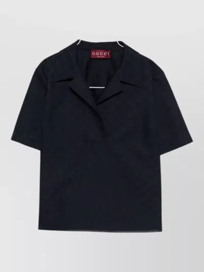 Gucci Collared Textured Short Sleeve Knit Top In Blue