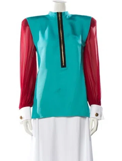 Pre-owned Gucci Colorblock Pattern Mock Neck Blouse In Blue