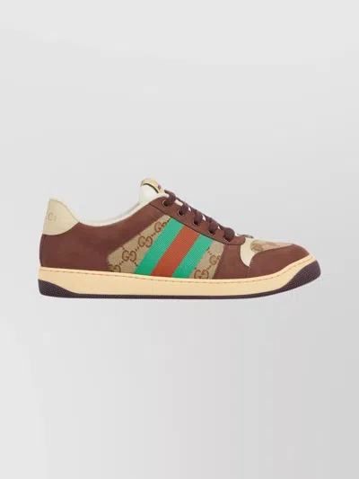 Gucci Leather And Gg Sneakers With Side Stripes In Brown