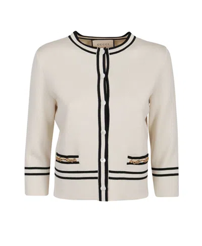 Gucci Contrast Trim Wool Cardigan In White