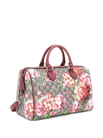 Pre-owned Gucci Convertible Boston Bag Blooms Print Gg Coated Canvas Medium Satchel In Brown